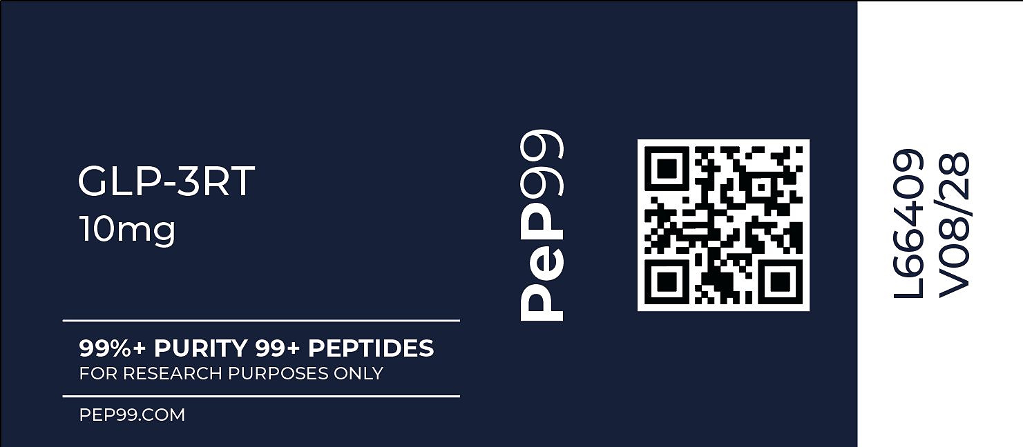 Pep99 GLP-3RT label: compound, fill size, purity statement, lot code and QR code